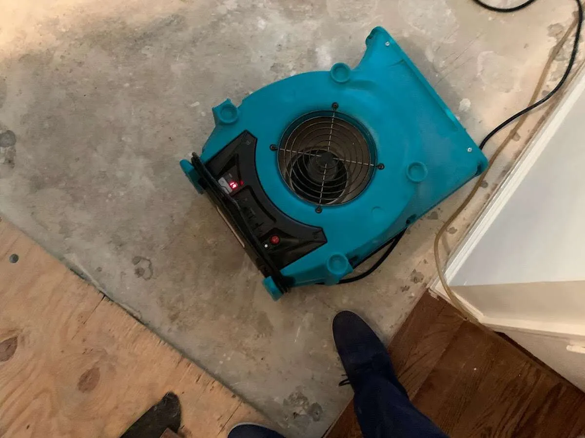 Air mover drying subfloor during Leak Detection & Repair in Acton